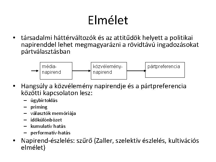 Elmélet • társadalmi háttérváltozók és az attitűdök helyett a politikai napirenddel lehet megmagyarázni a