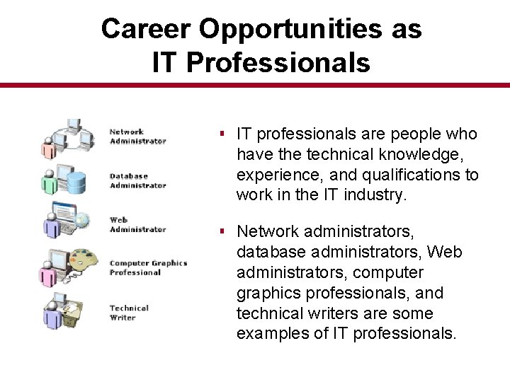 Career Opportunities as IT Professionals § IT professionals are people who have the technical