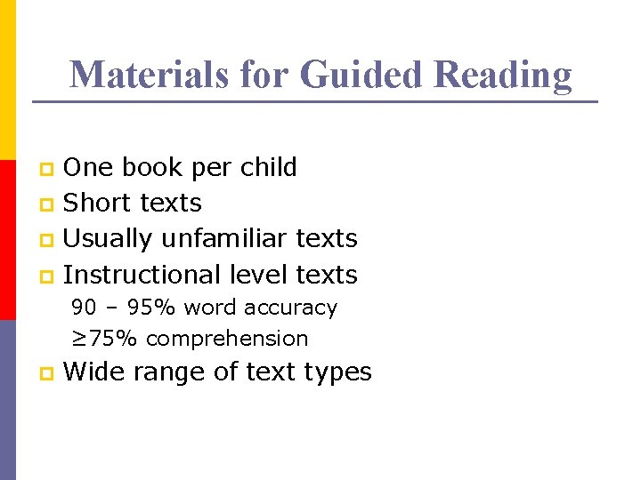 Materials for Guided Reading One book per child p Short texts p Usually unfamiliar Materials for Guided Reading One book per child p Short texts p Usually unfamiliar
