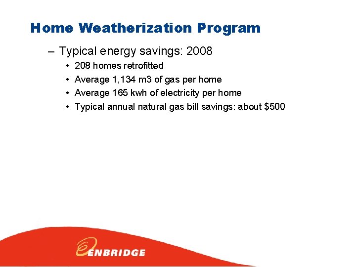 Home Weatherization Program – Typical energy savings: 2008 • • 208 homes retrofitted Average