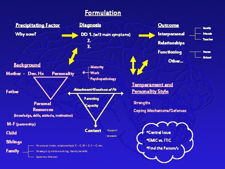 Formulation Diagnosis Precipitating Factor Why now? DD 1. (w/3 main symptoms) 2. 3. Family