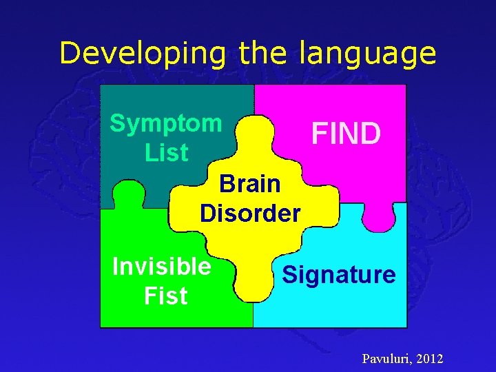 Developing the language Symptom List Brain Disorder Invisible Fist FIND Signature Pavuluri, 2012 