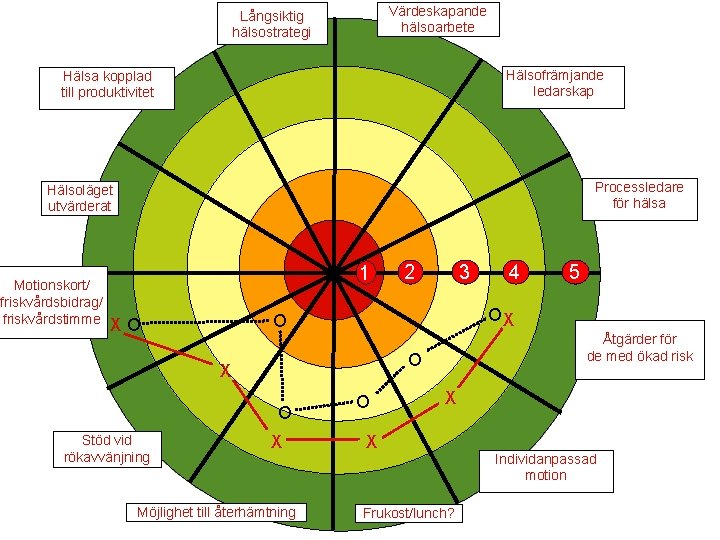 Värdeskapande hälsoarbete Långsiktig hälsostrategi Hälsofrämjande ledarskap Hälsa kopplad till produktivitet Processledare för hälsa Hälsoläget