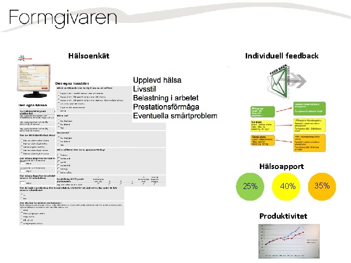 Hälsoenkät Individuell feedback Hälsoapport 25% 40% Produktivitet 35% 