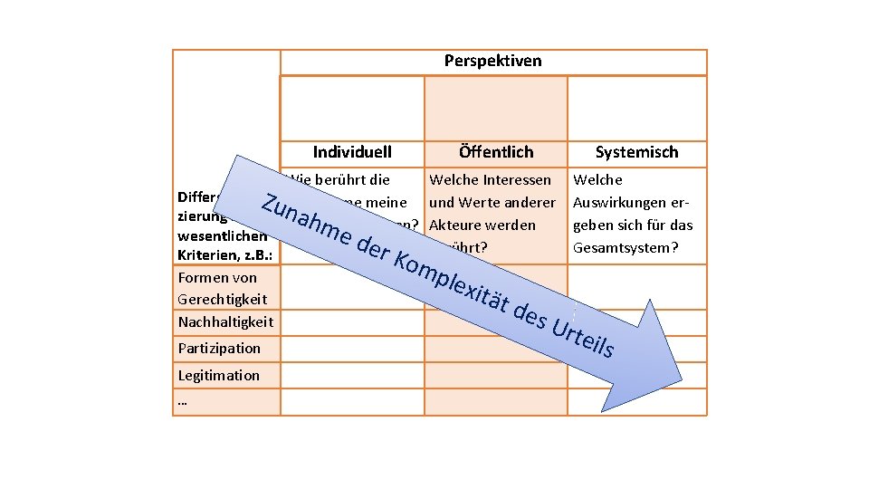 Perspektiven Individuell Öffentlich Systemisch Wie berührt die Welche Interessen Differen- Z Maßnahme meine und