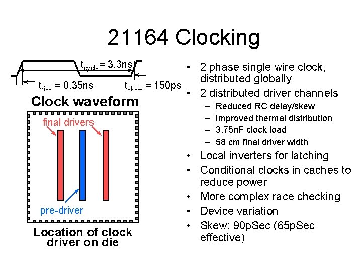 21164 Clocking tcycle= 3. 3 ns trise = 0. 35 ns • 2 phase