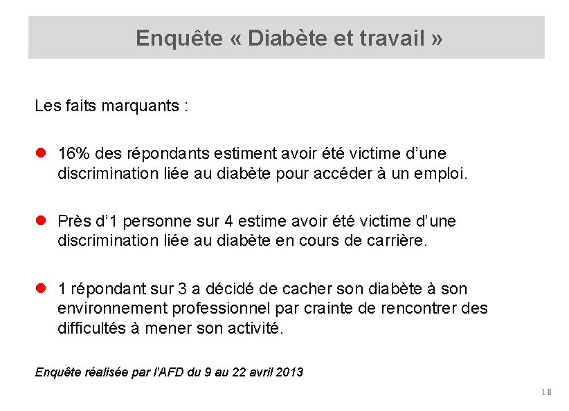  Enquête « Diabète et travail » Les faits marquants : l 16% des