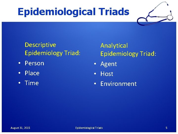 Epidemiological Triads Descriptive Epidemiology Triad: • Person • Place • Time August 31, 2015