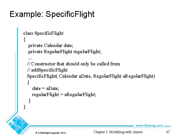 Example: Specific. Flight class Specific. Flight { private Calendar date; private Regular. Flight regular.