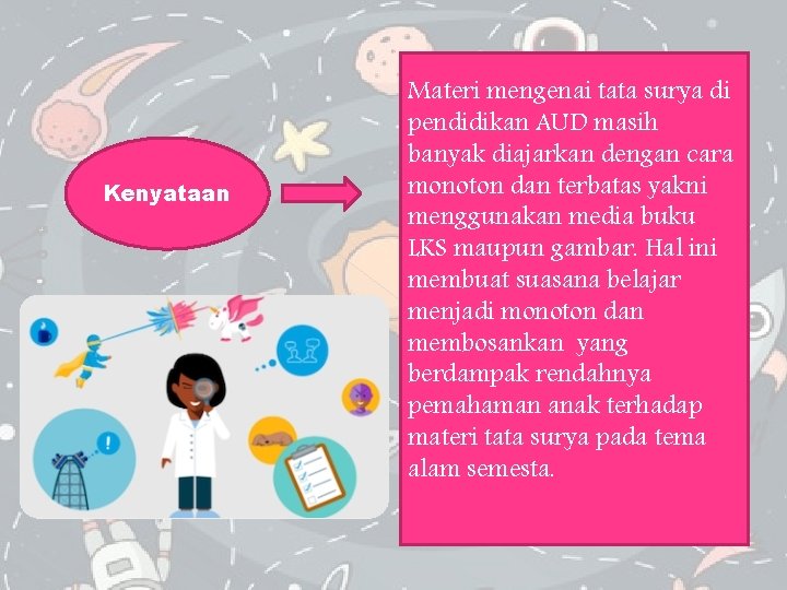 Kenyataan Materi mengenai tata surya di pendidikan AUD masih banyak diajarkan dengan cara monoton