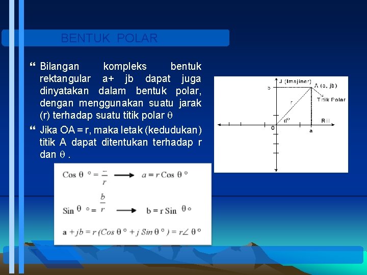 BENTUK POLAR Bilangan kompleks bentuk rektangular a+ jb dapat juga dinyatakan dalam bentuk polar,