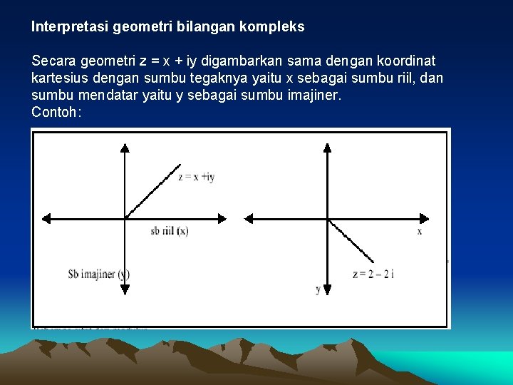 Interpretasi geometri bilangan kompleks Secara geometri z = x + iy digambarkan sama dengan