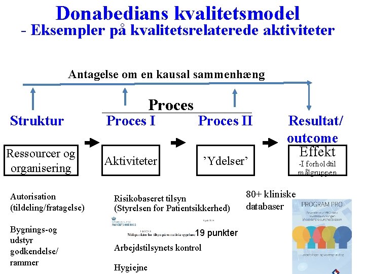 Donabedians kvalitetsmodel - Eksempler på kvalitetsrelaterede aktiviteter Antagelse om en kausal sammenhæng Struktur Ressourcer