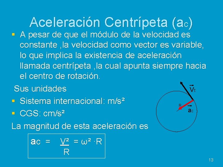 Aceleración Centrípeta (ac) § A pesar de que el módulo de la velocidad es