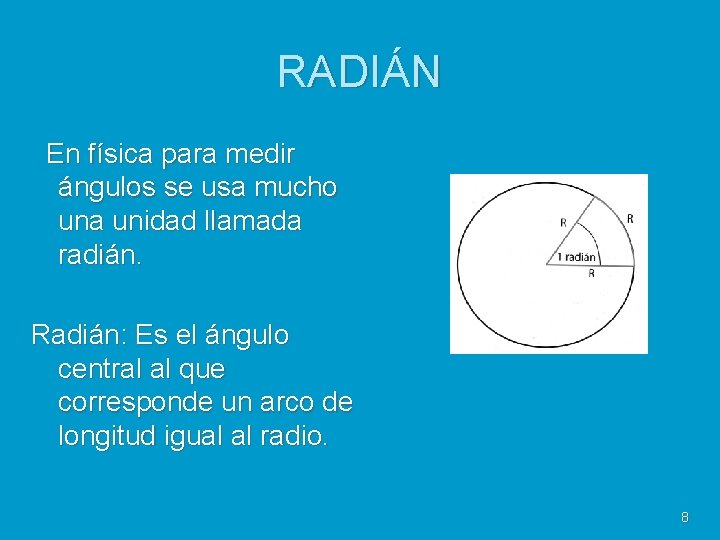 RADIÁN En física para medir ángulos se usa mucho una unidad llamada radián. Radián: