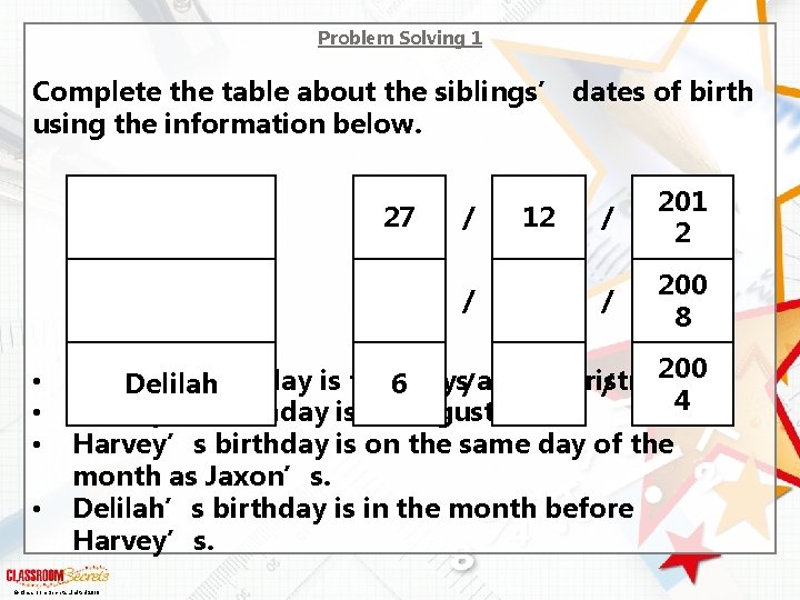 Problem Solving 1 Complete the table about the siblings’ dates of birth using the