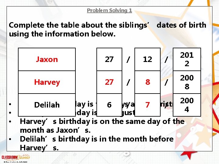 Problem Solving 1 Complete the table about the siblings’ dates of birth using the
