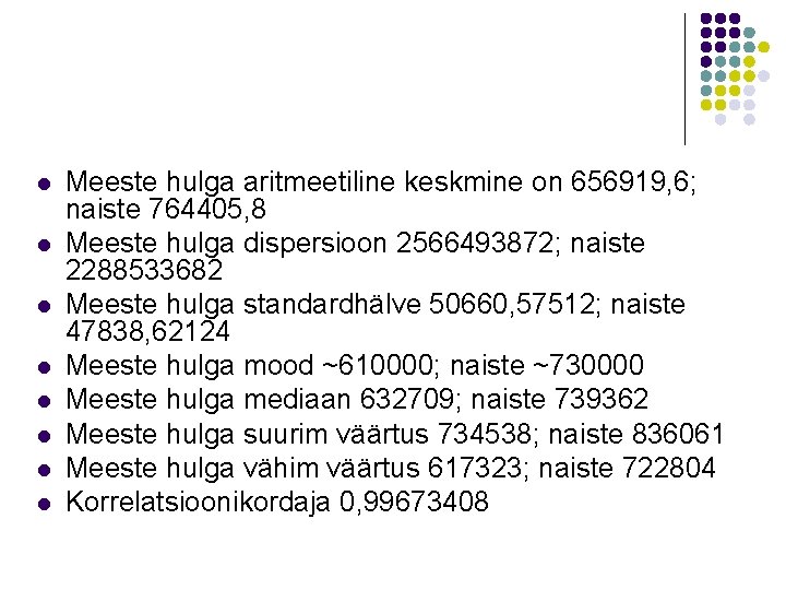 l l l l Meeste hulga aritmeetiline keskmine on 656919, 6; naiste 764405, 8