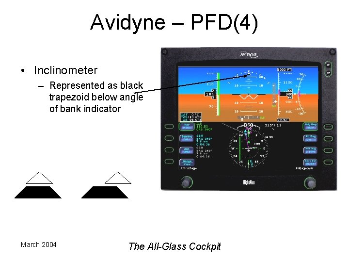 Avidyne – PFD(4) • Inclinometer – Represented as black trapezoid below angle of bank