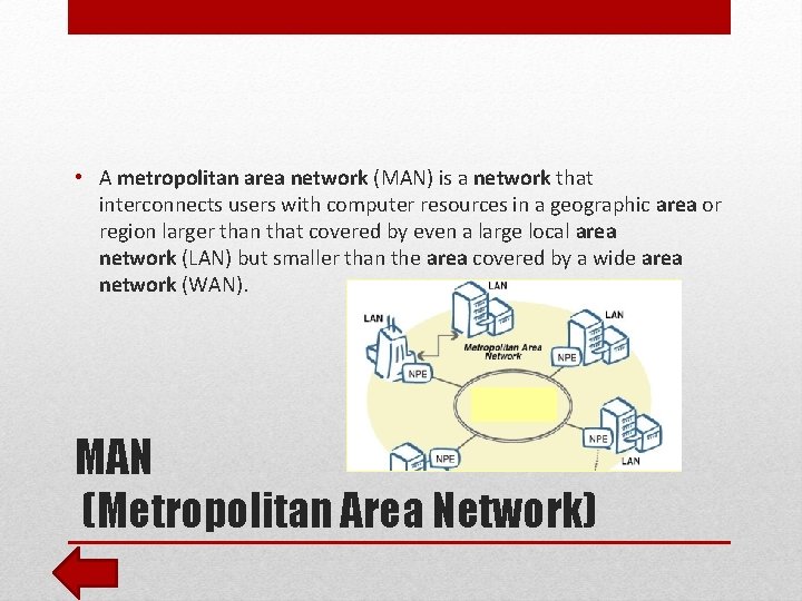  • A metropolitan area network (MAN) is a network that interconnects users with