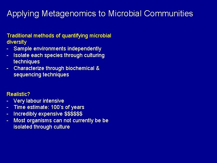 Applying Metagenomics to Microbial Communities Traditional methods of quantifying microbial diversity - Sample environments