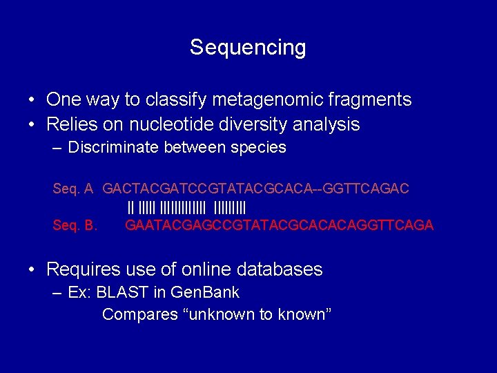 Sequencing • One way to classify metagenomic fragments • Relies on nucleotide diversity analysis
