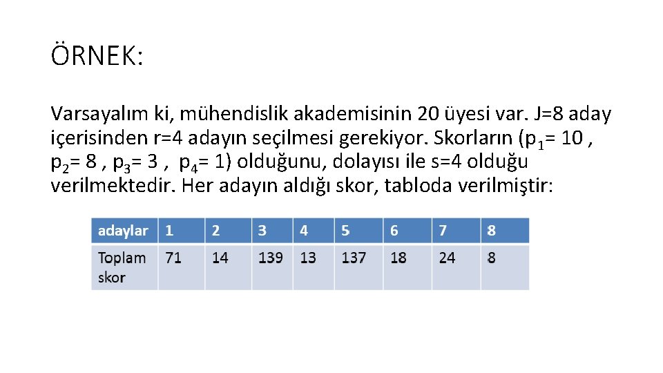 ÖRNEK: Varsayalım ki, mühendislik akademisinin 20 üyesi var. J=8 aday içerisinden r=4 adayın seçilmesi