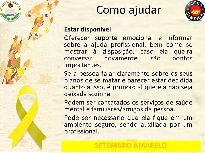 Como ajudar Estar disponível Oferecer suporte emocional e informar sobre a ajuda profissional, bem