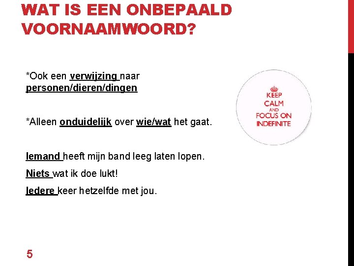 WAT IS EEN ONBEPAALD VOORNAAMWOORD? *Ook een verwijzing naar personen/dieren/dingen *Alleen onduidelijk over wie/wat