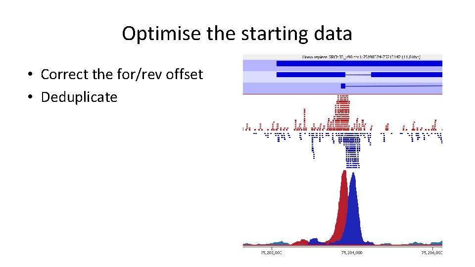 Optimise the starting data • Correct the for/rev offset • Deduplicate 