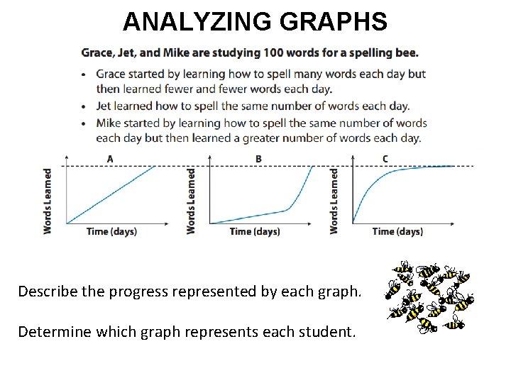 ANALYZING GRAPHS Describe the progress represented by each graph. Determine which graph represents each ANALYZING GRAPHS Describe the progress represented by each graph. Determine which graph represents each