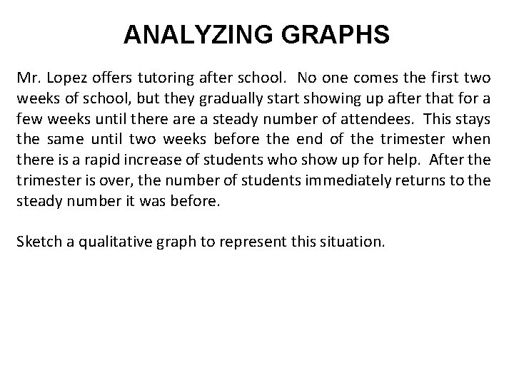 ANALYZING GRAPHS Mr. Lopez offers tutoring after school. No one comes the first two