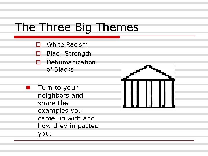 The Three Big Themes o White Racism o Black Strength o Dehumanization of Blacks