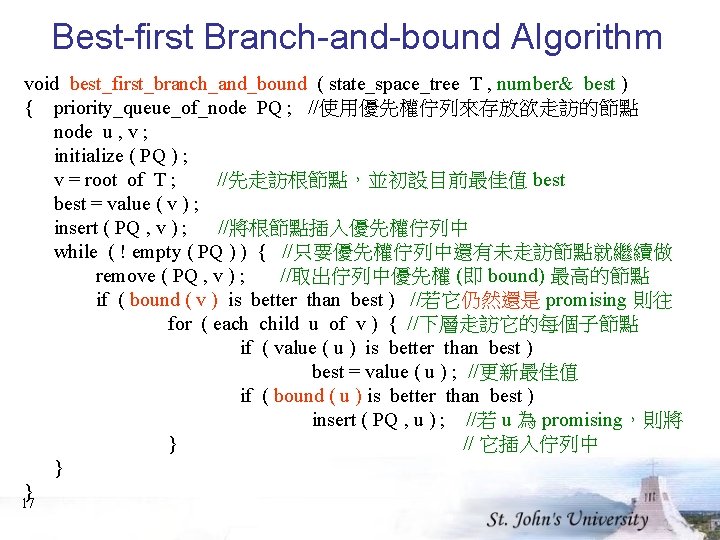 Best-first Branch-and-bound Algorithm void best_first_branch_and_bound ( state_space_tree T , number& best ) { priority_queue_of_node