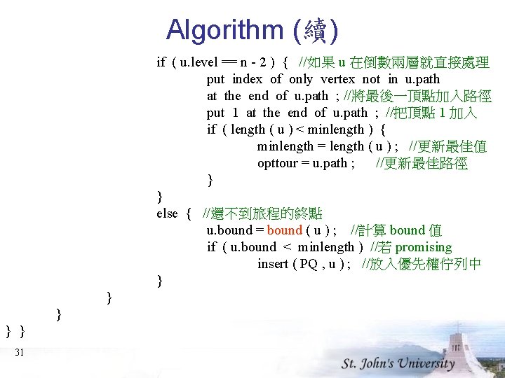 Algorithm (續) if ( u. level == n - 2 ) { //如果 u