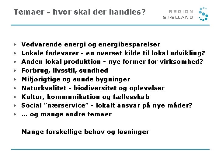 Temaer - hvor skal der handles? • • • Vedvarende energi og energibesparelser Lokale