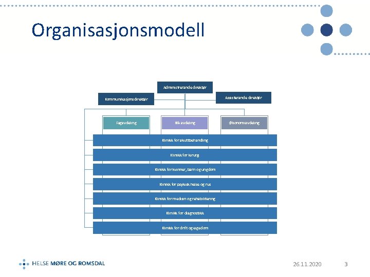 Organisasjonsmodell Administrerande direktør Assisterande direktør Kommunikasjonsdirektør Fagavdeling HR-avdeling Økonomiavdeling Klinikk for akuttbehandling Klinikk for