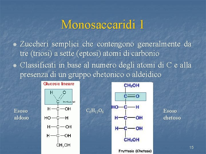 Monosaccaridi 1 ¯ ¯ Zuccheri semplici che contengono generalmente da tre (triosi) a sette