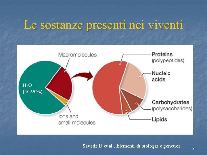 Le sostanze presenti nei viventi H 2 O (50 -90%) Savada D et al.