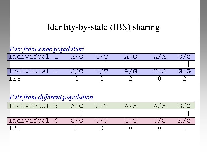 Identity-by-state (IBS) sharing Pair from same population Individual 1 A/C | Individual 2 C/C