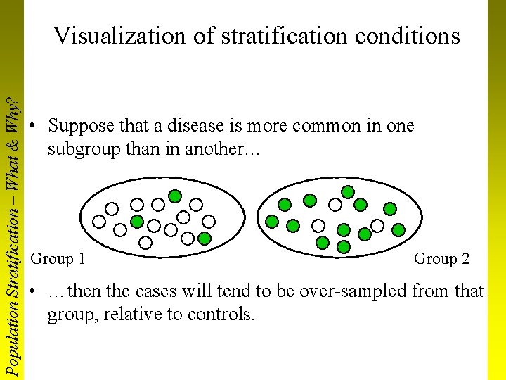 Population Stratification – What & Why? Visualization of stratification conditions • Suppose that a