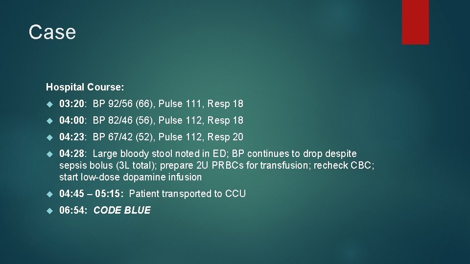 Case Hospital Course: 03: 20: BP 92/56 (66), Pulse 111, Resp 18 04: 00: