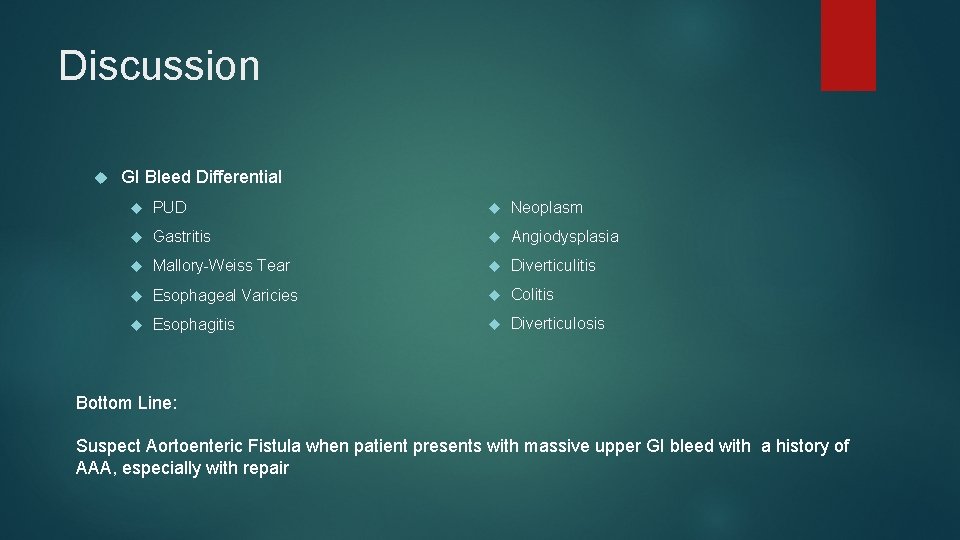 Discussion GI Bleed Differential PUD Neoplasm Gastritis Angiodysplasia Mallory-Weiss Tear Diverticulitis Esophageal Varicies Colitis