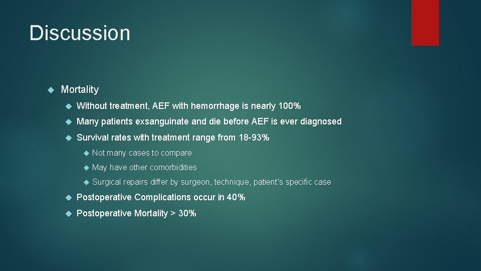 Discussion Mortality Without treatment, AEF with hemorrhage is nearly 100% Many patients exsanguinate and