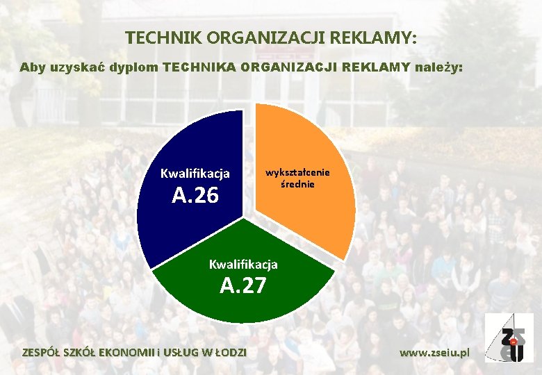 TECHNIK ORGANIZACJI REKLAMY: Aby uzyskać dyplom TECHNIKA ORGANIZACJI REKLAMY należy: Kwalifikacja A. 26 wykształcenie