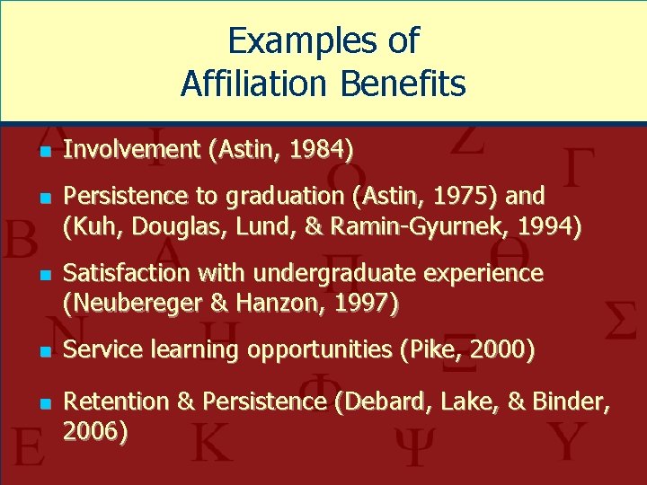 Examples of Affiliation Benefits n n n Involvement (Astin, 1984) Persistence to graduation (Astin,