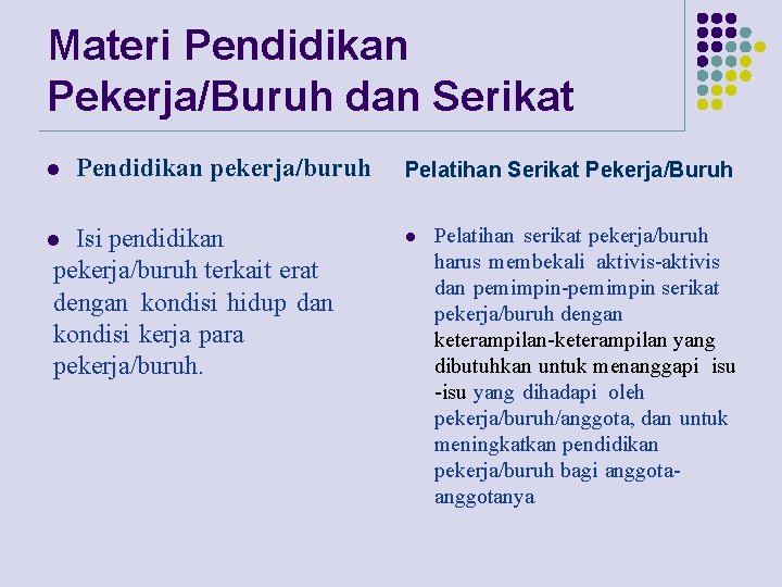 Materi Pendidikan Pekerja/Buruh dan Serikat l Pendidikan pekerja/buruh Isi pendidikan pekerja/buruh terkait erat dengan