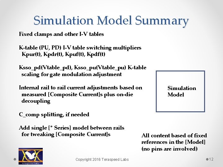 Simulation Model Summary Fixed clamps and other I-V tables K-table (PU, PD) I-V table
