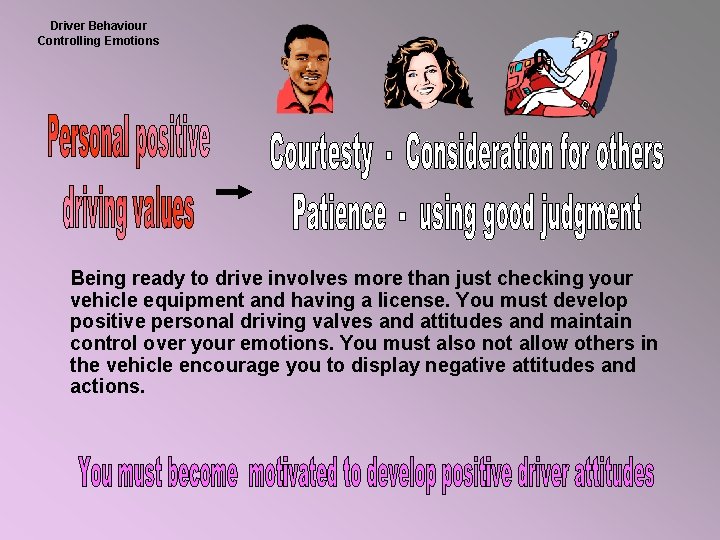 Driver Behaviour Controlling Emotions Being ready to drive involves more than just checking your