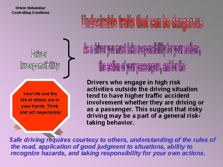 Driver Behaviour Controlling Emotions Your life and the life of others are in your